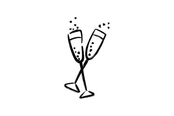 Hand drawn sketch of two clinking champagne flutes with bubbles, isolated on transparent background