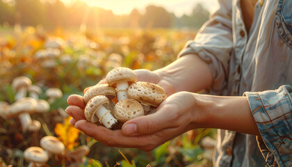 farmer's hands holding mushrooms in the field