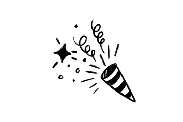 Hand drawn doodle of a black and white striped party popper exploding with confetti and stars, isolated on transparent background