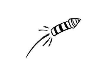 Hand drawn sketch of a striped firework rocket launching upwards with motion trail, isolated on transparent background
