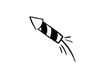 Simple black and white hand drawn doodle sketch of a firework rocket blasting off isolated on transparent background