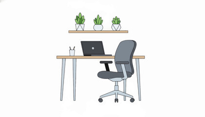 Fototapeta premium Home office workspace with desk and chair. Minimalist interior design concept with laptop and plants. Flat vector illustration isolated on white background