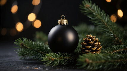 Christmas black ornaments and spruce tree on black with bokeh background