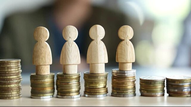 Four small wooden figures stand atop stacks of coins that decrease in height from left to right