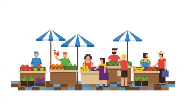Local street market with vendors and customers. Flat design vector illustration of food stalls. Fresh fruit and vegetable shopping concept