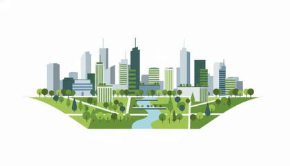Green city vector illustration with a modern cityscape and public park. Sustainable urban development and eco-friendly architecture concept. Minimalist flat design