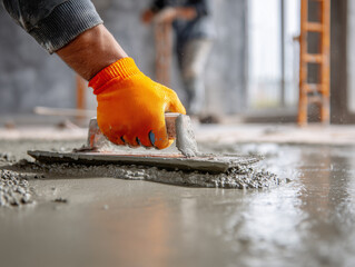 A worker is smoothing a damp concrete floor using a trowel while donning an orange glove, illustrating the processes involved in concrete floor leveling, repair, and surface refinement.