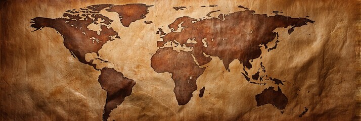 Fototapeta na wymiar Vintage Aged World Map Texture on Weathered Paper, Antique Cartography Illustration of Globe