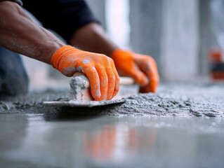 A worker is smoothing a damp concrete floor using a trowel while donning an orange glove, illustrating the processes involved in concrete floor leveling, repair, and surface refinement.