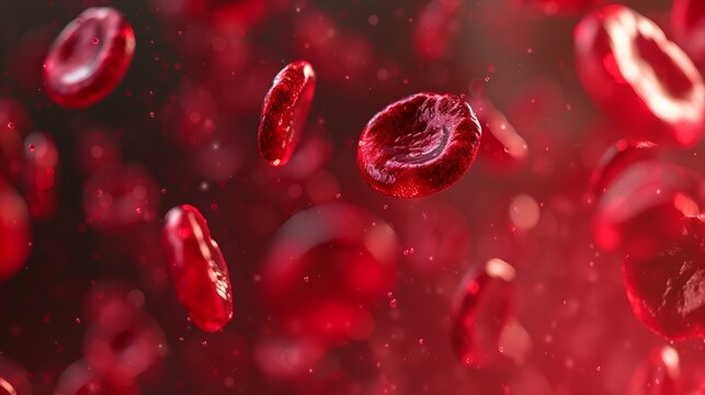 Red blood cells flowing in artery or vein. Microscopic 3D illustration of erythrocytes. Medical science background