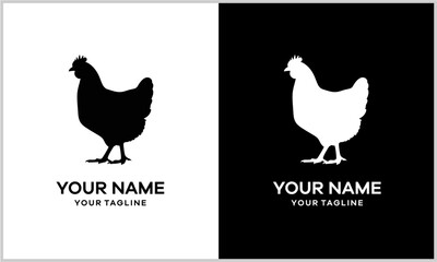 Minimalist hen silhouette logo design concept presented in contrasting black and white versions.