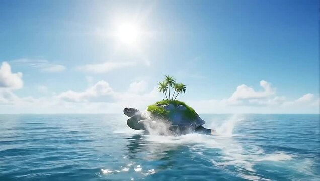 Tropical island on a giant sea turtle's shell in the vast blue ocean under a bright sun