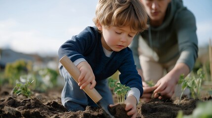 A child in a backyard garden digging a small hole with a plastic shovel beside a parent planting seedlings — family gardening tradition, hands-on learning, and sustainable home lifestyle. cinematic
