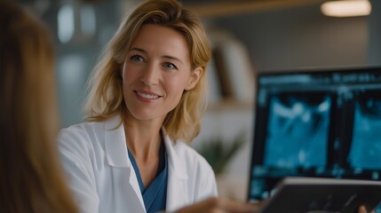 A dermatologist showing a patient a digital skin scan where collagen density is highlighted in bright blue layers — professional skincare consultation, anti-aging diagnostics, and precision dermal