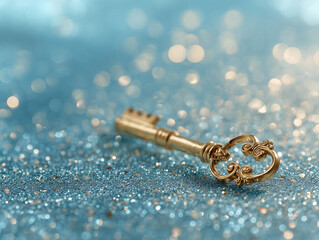 A gleaming golden key laid on a luminous blue backdrop accented with twinkling bokeh highlights notions of achieving success, gaining access, and uncovering luxurious possibilities