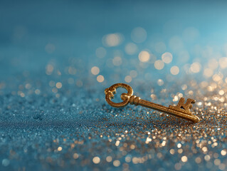 A gleaming golden key laid on a luminous blue backdrop accented with twinkling bokeh highlights notions of achieving success, gaining access, and uncovering luxurious possibilities