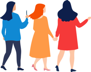 A flat illustration of three women walking together from behind, with one holding an object and two holding hands.