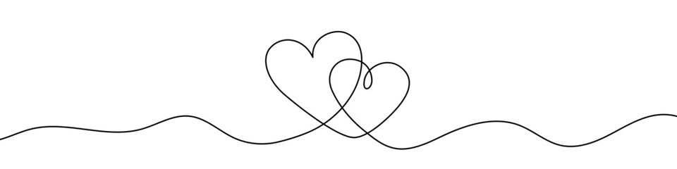 Two intertwined heart outlines, drawn with one continuous line. Symbol of love, relationships, wedding, and romantic attachment. Vector illustration.