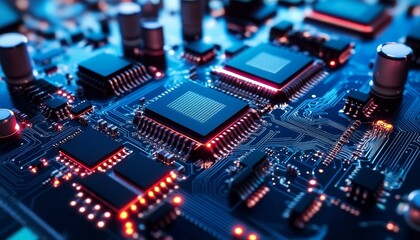 Fototapeta premium Advanced Circuit Board with Microchips and Components for Modern Electronics and Technology Design