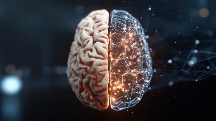Brain Evolution: A stylized representation of the human brain, bisected to showcase the contrast between its biological structure and the intricate network of connected thoughts and ideas.
