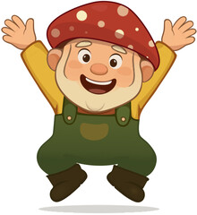 Jumping Happy Gnome Character – Joyful Cartoon Vector Illustration
