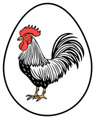 Striking rooster illustration inside egg shape conveys farm fresh vibrant design, symbol for agriculture, Easter, and animal emblem
