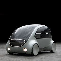 Futuristic small bubble shaped city car concept on concrete floor, copy space on black background