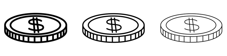 Set of dollar coin icons. Black outline illustrations of money with different stroke styles. Vector illustration.