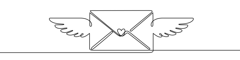 Envelope with wings and a small heart. One line drawing for love letters, romantic messages, and fast delivery. Vector illustration on white.