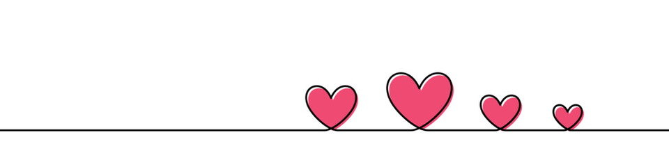 Group of pink hearts of various sizes in continuous line style. One line drawing of love and family relationship. Vector illustration with editable stroke.