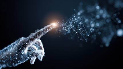 Digital Touch: A digital hand extends, its fingertip sparking with glowing energy as it interacts with a complex network of interconnected data points.