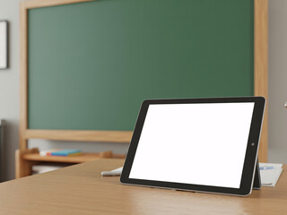 Modern tablet with blank screen on wooden desk in front of a green chalkboard, perfect for back to school ads or educational content