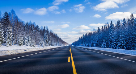 Straight road with yellow line marking through snow-covered landscape. Clear sky above, representing journey, winter travel, solitude and adventure
