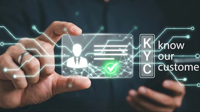 Digital KYC Verification: Hand Holding Transparent Card with User Profile & Checkmark, Symbolizing Know Your Customer Process, Identity Management,...