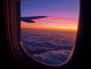 View from an airplane window looking out at a stunning purple and orange sunset with the silhouette of the aircraft wing over fluffy clouds.
Автор: horizon