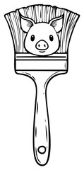 Cute cartoon pig head forms the bristles of an artist's paint brush outline illustration