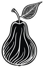 Stylized black and white pear fruit illustration with leaf and stem minimalist design