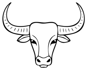 Powerful Bull Head Front View Line Art Illustration with Majestic Curved Horns Black and White