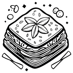 Black and white line art illustration of a layered baklava dessert with star anise topping