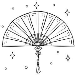 Elegant hand fan adorned with a decorative tassel and sparkling celestial elements