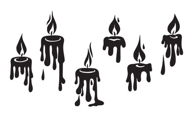 Set of six dripping black candles with flames fire