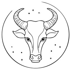 Taurus Zodiac Sign Animal Illustration Circle Line Art Stars