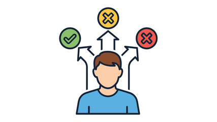 Decision making process illustrated with a person considering options and possible outcomes