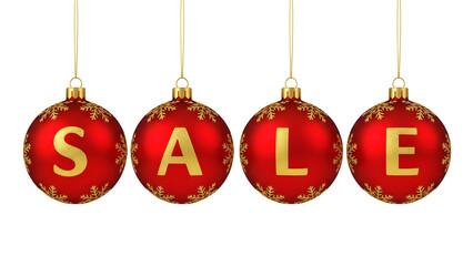 Four Red Christmas Ornaments Spelling the Word SALE Hanging by Gold Strings on White Background