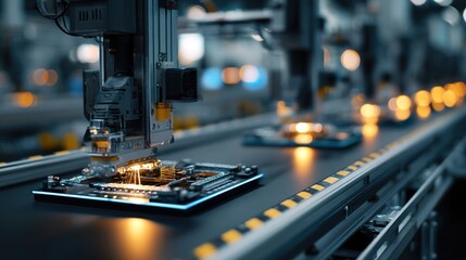 Fototapeta premium Automation in Progress: An industrial landscape showcases advanced machinery meticulously assembling electronic components on a production line.