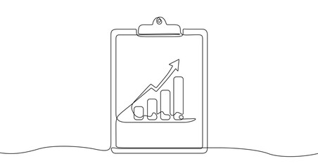 Continuous one line drawing of a clipboard holding a growth bar chart. Editable black stroke on a white background. Vector illustration.