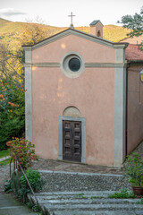Church of Sant'Antonio Abate, a single-nave rectangular building with a non-original tile and roof covering. Campiglia Marittima, Tuscany, Italy