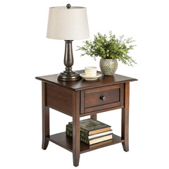 Stylish nightstand with lamp adds warmth to bedroom