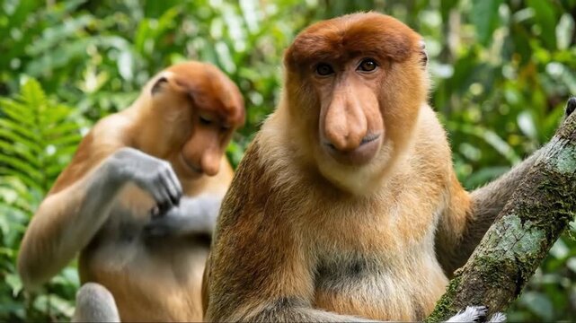 Captivating Proboscis Monkey with Distinctive Large Nose Gazing from a Tree Branch in Lush Tropical Rainforest, Wildlife Portrait