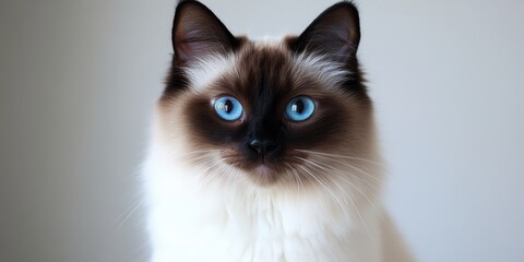 Elegant Ragdoll Cat with Striking Blue Eyes Poses in Studio Setting, Ideal for Pet Lovers